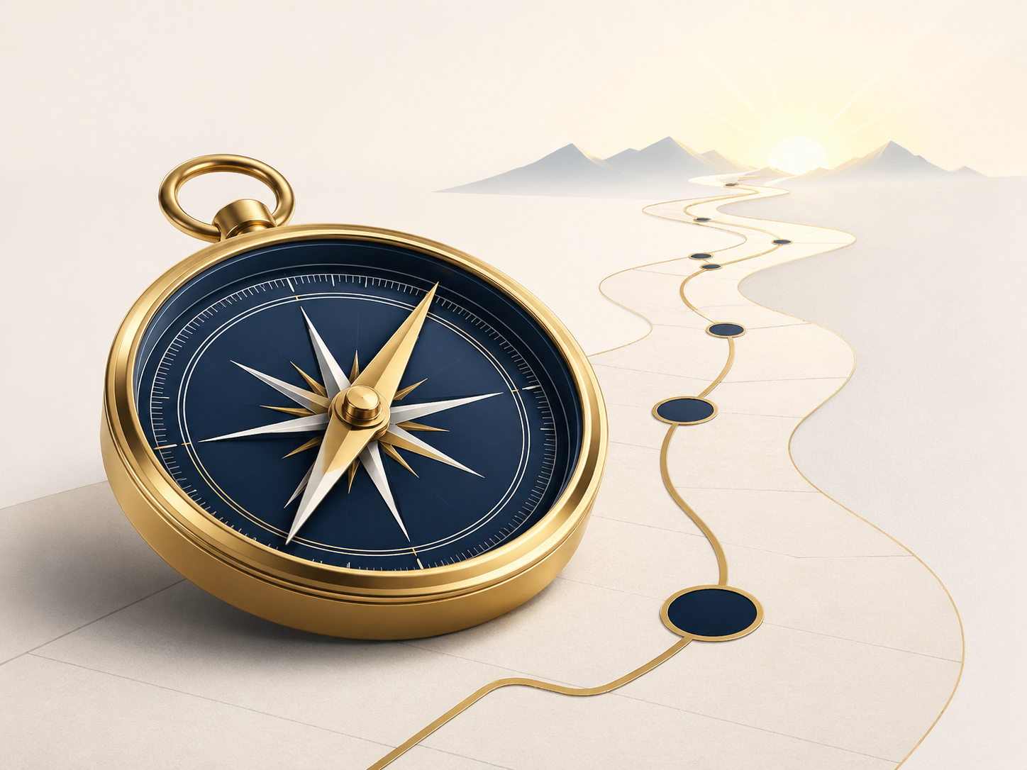Compass on a winding sandy path symbolizing direction and commitment
