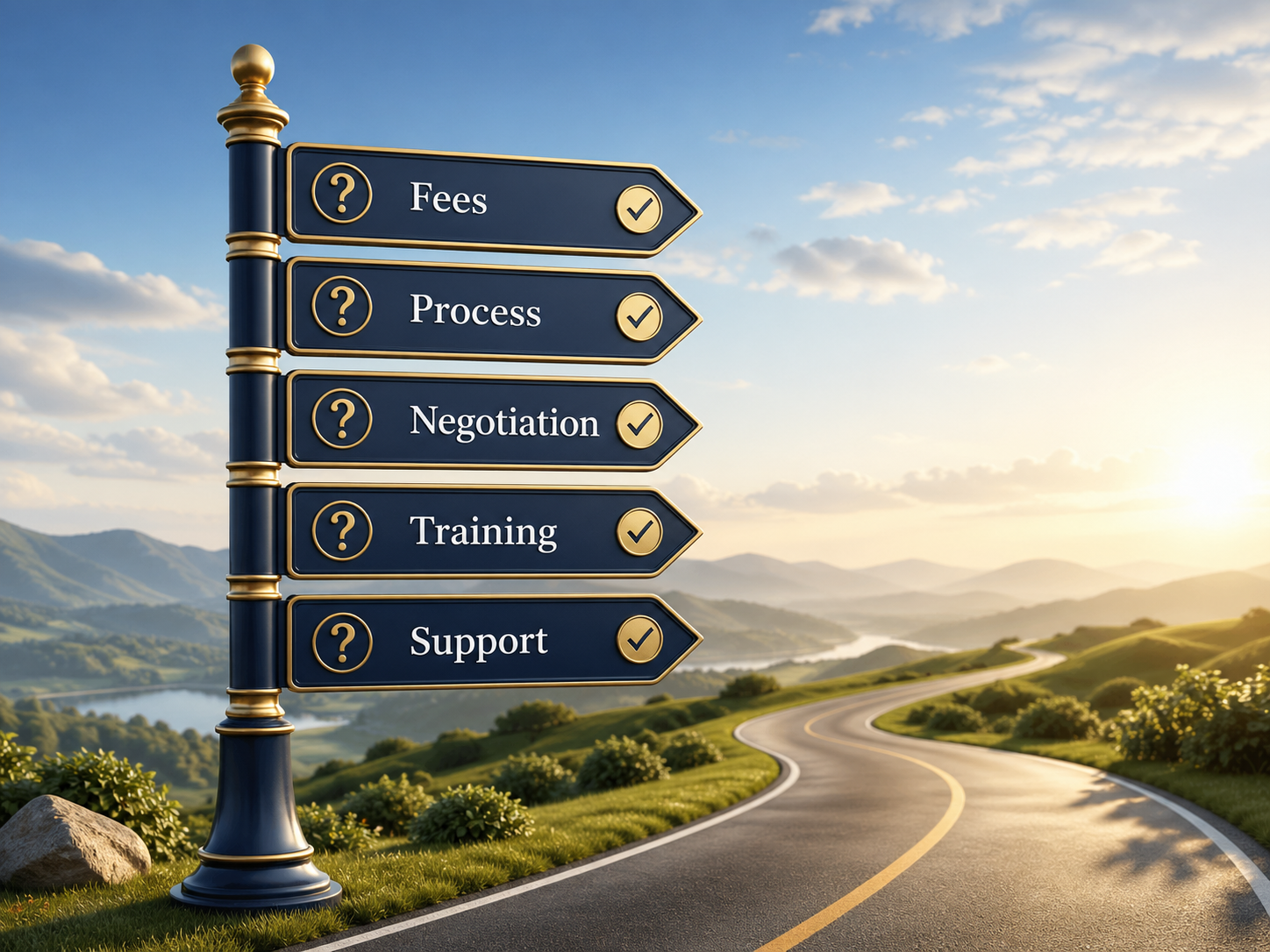 Signpost showing fees, process, negotiation, training, and support