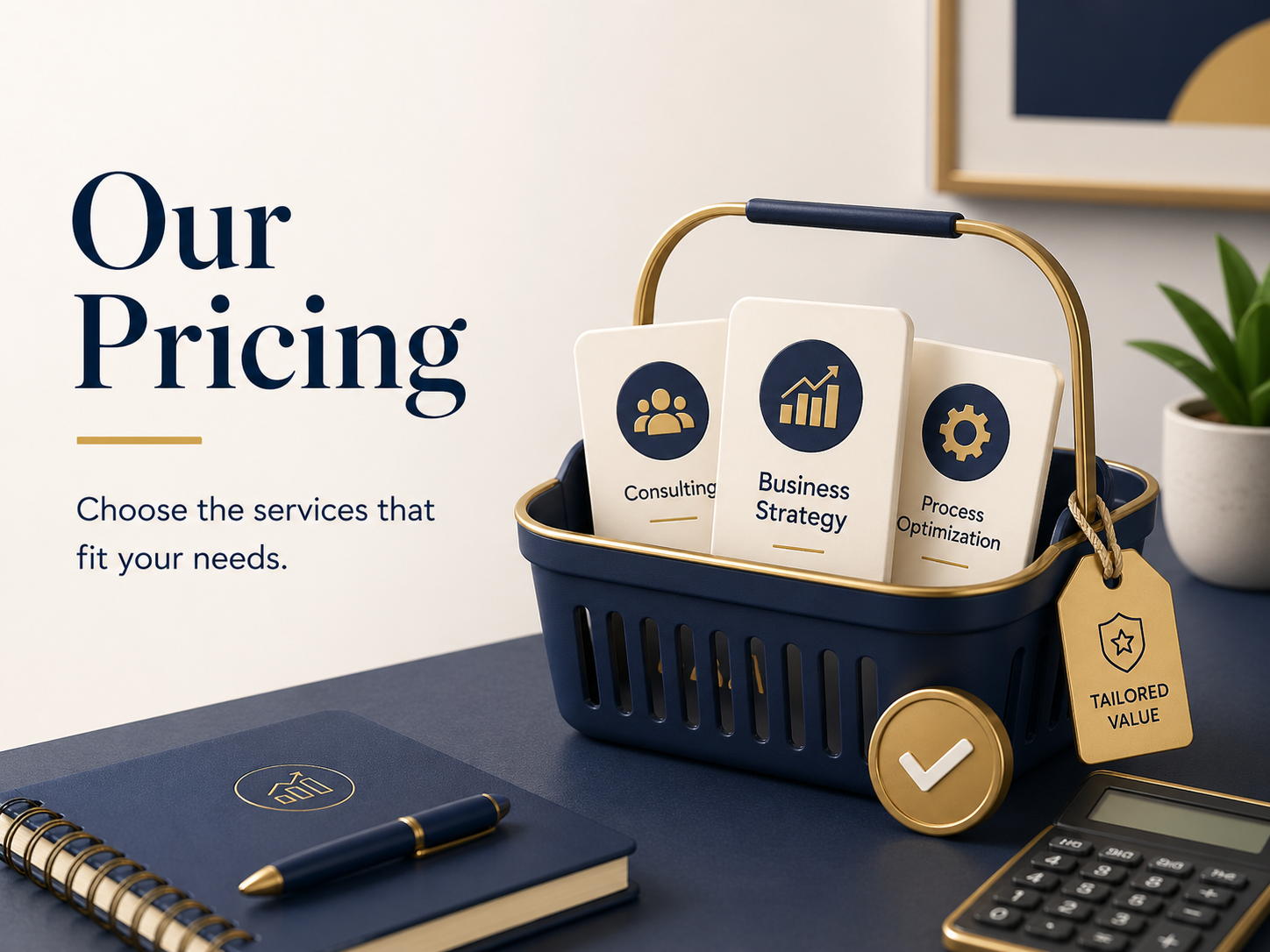 Notebook, calculator and price tags representing our pricing options
