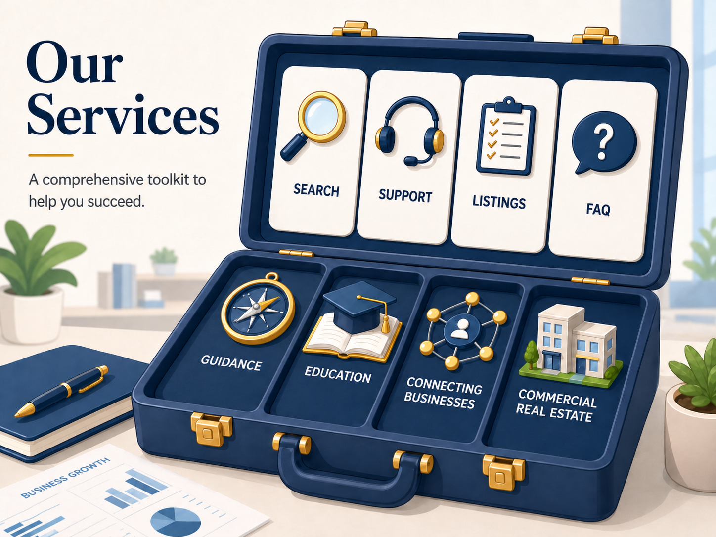 Briefcase opened to reveal the services BeTheBoss offers