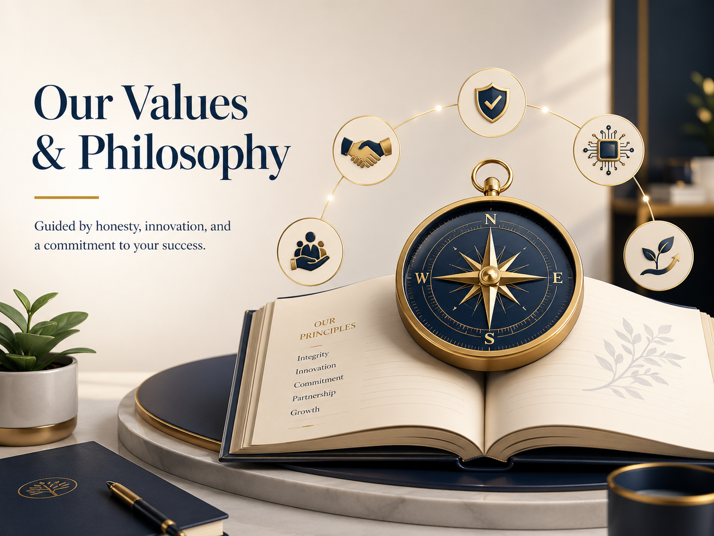 Compass and journal symbolizing our values and philosophy